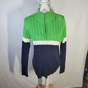 Liz & Co Woman Zip Neck Cotton Sweater Green/Navy/White Stripe Cable Knit 1X